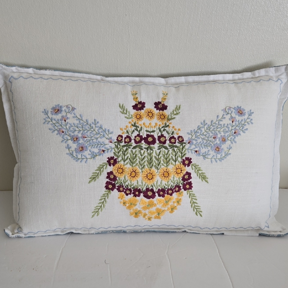 Embroidered Bee Decorative Pillow - White and Multicolor